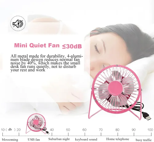 Miniatura 3 de Sokelinn-six Ventilador de escritorio USB pequeño de 4 pulgadas, mini ventilador de refrigeración personal silencioso de metal para el hogar, Rosa