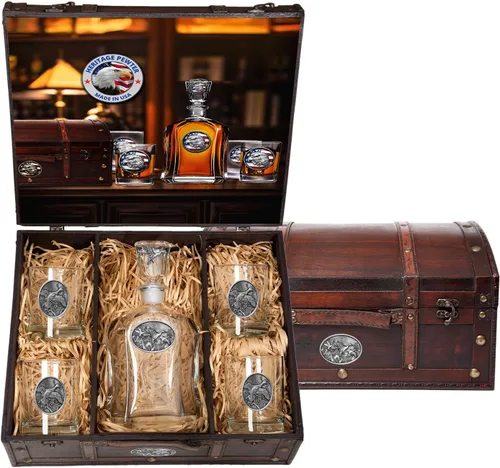 Miniatura 56 de Heritage Pewter Alabama Capitol - Juego de baúl Recipiente de líquido de 24 onzas con 4 vasos de agua Vidrio de peltre elaborado por expertos