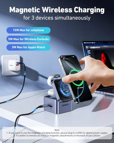 Miniatura 3 de BENFEI Soporte de cargador MagSafe plegable 3 en 1 con concentrador USB C, estación de carga inalámbrica para iPhone 16/15/14/13/12, Apple Watch