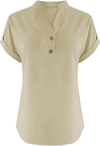 Miniatura 2 de Camisas de lino para mujer 2025 verano casual cuello en V botón abajo manga corta tops moda cómodo negocio trabajo blusas, beige (A-Beige)