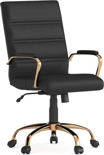 Flash Furniture Whitney Silla de escritorio giratoria de LeatherSoft con respaldo medio con ruedas, asiento acolchado y reposabrazos, silla de Negro