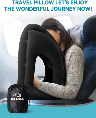 Miniatura 8 de almohada de viaje inflable, almohada para el cuello de avión que apoya cómodamente la cabeza y la barbilla para aviones, trenes, autos, siestas