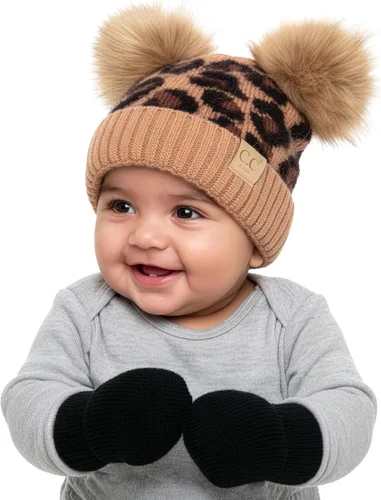 Miniatura 28 de Funky Junque Conjunto de gorro y mitones con doble pompón de pelo sintético para bebé – Gorro de invierno para recién nacidos de 0–9 meses