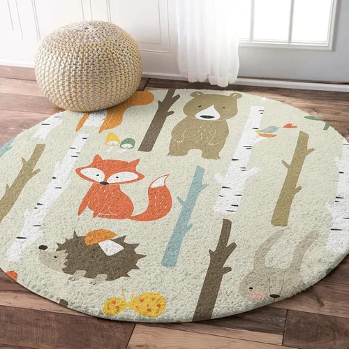 Miniatura 5 de Alfombra de área de 5 pies para interior, redonda, diseño de dibujos animados, conejo, oso, zorro, bosque, alfombra lanuda para niños, habitación