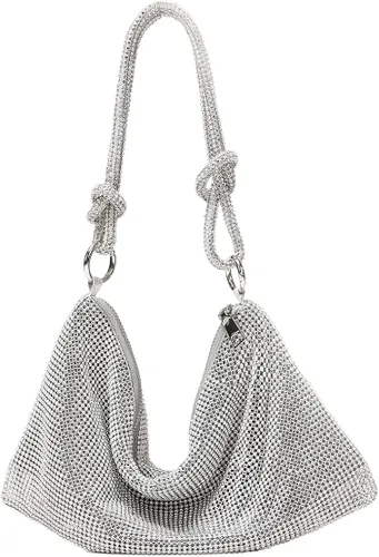 Bolso de noche con diamantes de imitación, elegante y brillante para mujer, bolso de hobo brillante, bolso plateado brillante para boda, fiesta, club