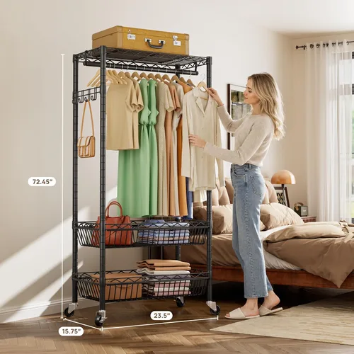Miniatura 4 de Golpart Perchero de Ropa Resistente con Ruedas, Perchero Rodante para Prendas, Estanterías de Alambre Ajustables para Colgar Ropa con Colgador