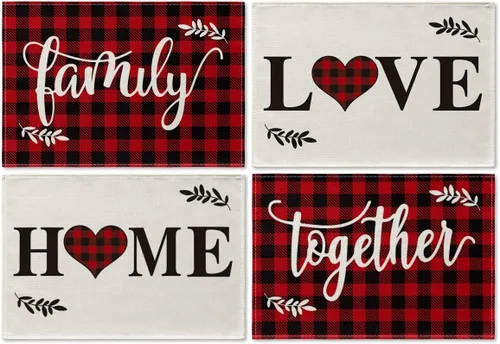 Miniatura 10 de Artoid Mode Love Family Together Home - Juego de manteles de cuadros búfalo de 6 piezas, 30x46 cm, manteles de mesa de temporada para decoración
