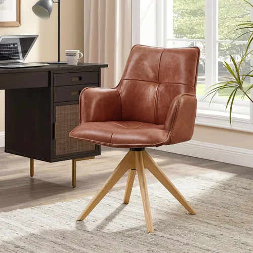 Miniatura 20 de Art Leon Silla de escritorio giratoria – Silla de oficina tapizada de piel sintética sin ruedas, sillón moderno de mediados de siglo con patas
