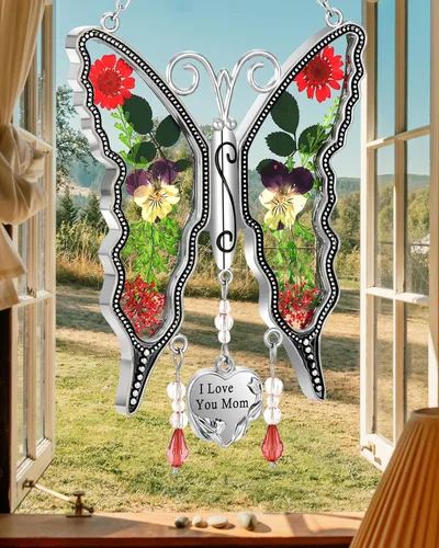 Miniatura 5 de KY &BOSAM - Adorno de mariposa atrapaluz para regalo de mamá, con la frase "I Love You Mom". Vitral para colgar en la ventana, carillón de viento