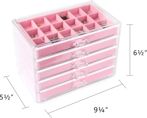 Miniatura 2 de Frebeauty Organizador de joyas de acrílico, caja organizadora de aretes con 5 cajones, organizador de aretes con bandejas de terciopelo, caja