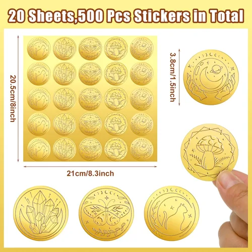 Miniatura 2 de Chinco 500 Piezas Pegatinas de Sellos para Sobres Dorados en Relieve Pegatinas Adhesivas de Sello Pegatinas Vintage de Papel Aluminio en Relieve Kit