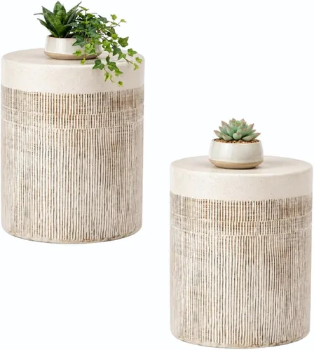Miniatura 10 de HOMPUS Mesa auxiliar de hormigón para exteriores, mesa decorativa redonda moderna de tocón de árbol, soporte para maceta, taburete de jardín