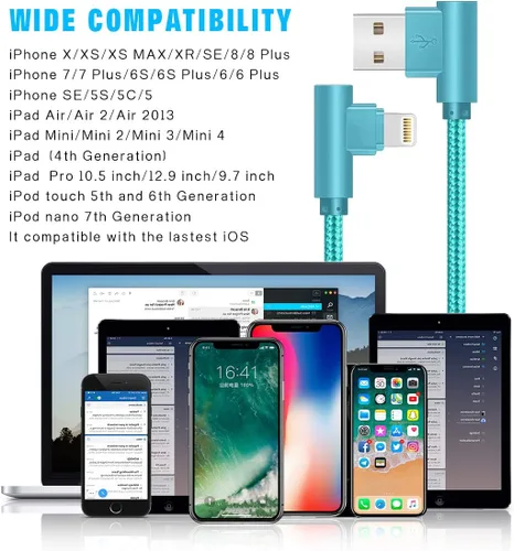 Miniatura 6 de SHUSEL Cable de carga para iPhone, cable Lightning de ángulo recto, paquete de 3 cables de carga trenzados de nailon de 90 grados y 6 pies, de carga