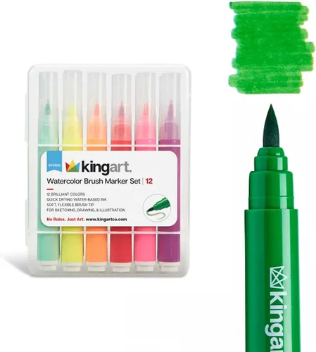 KINGART Rotuladores de acuarela de punta de pincel con estuche, 12 colores, barril ancho para una fácil sujeción, tinta no tóxica a base de agua,