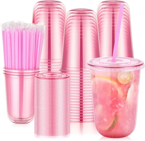 Miniatura 15 de tchrules Juego de 100 vasos de plástico negro de 12 onzas con tapas y pajitas, taza de café helado desechable con tapa, parte inferior redonda