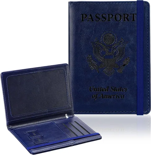 Miniatura 11 de Soporte para pasaporte para viajes, funda de pasaporte con bloqueo RFID con soporte para bolígrafo, funda de cuero para pasaporte, accesorios