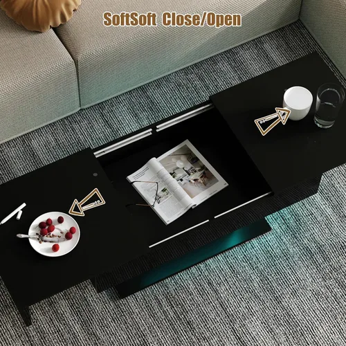 Miniatura 5 de HedoAjim - Mesa de café LED negra con almacenamiento para sala de estar, mesa de centro rectangular para sala de estar, mesas de café modernas