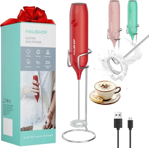 Miniatura 10 de HAUSHOF Potente varita espumadora de leche recargable con soporte, espumador eléctrico de mano, mezclador de bebidas con batidor de acero inoxidable