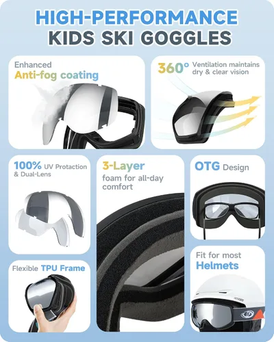 Miniatura 3 de findway Gafas de esquí para niños, gafas de snowboard para niños y niñas de 3 a 12 años Marco negro lente plata (vlt 21%)
