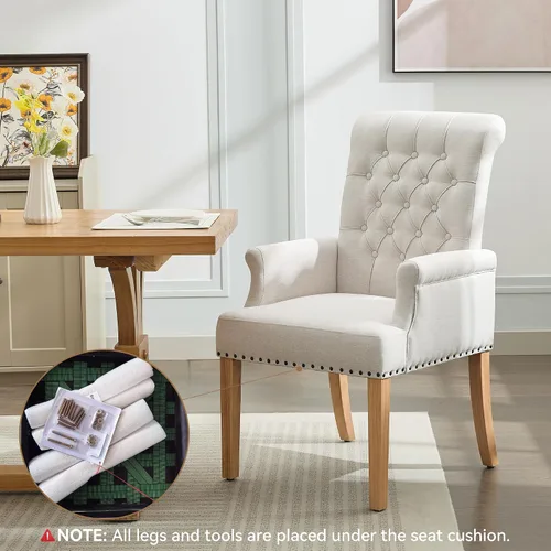 Miniatura 8 de WUTUTUEE Silla de comedor de tela con brazos, sillas de comedor tapizadas acolchadas de respaldo alto, sillón decorativo con patas de madera maciza
