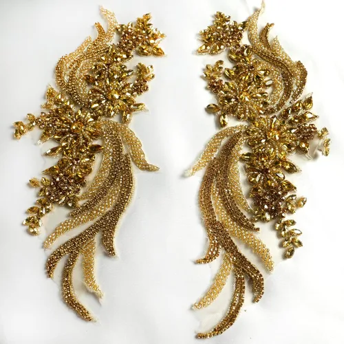 Miniatura 7 de 1 par de diamantes de imitación hechos a mano con apliques para ropa, 14.5 x 4.8 pulgadas, decoración de vestido de novia, apliques de flores Dorado