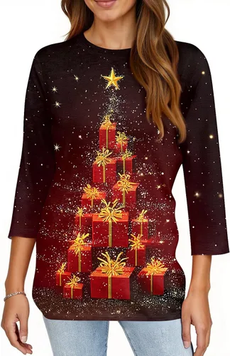Miniatura 56 de Camisetas de manga 3/4 para mujer, cuello redondo, holgadas, casuales, con estampado floral, camisetas de moda para el trabajo de negocios