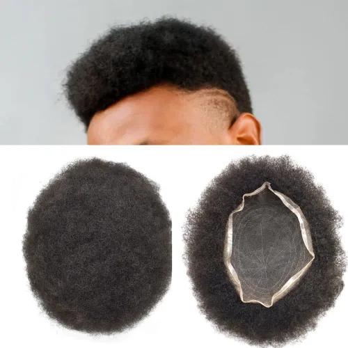 Afro Toupee Full French Lace Man Weave Unidad de cabello 100% virgen humano rizado rizado unidades de repuesto para hombres negros, 8 x 10 pulgadas