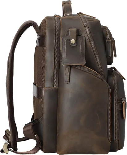 Miniatura 2 de TIDING Mochila para portátil de cuero vintage de 15.6 pulgadas para hombre, con múltiples bolsillos, mochila de viaje para negocios