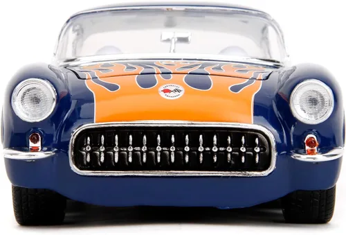 Miniatura 2 de Jada Big Time Muscle 1:24 1957 Chevrolet Corvette - Auto fundido a presión, juguetes para niños y adultos (azul oscuro/llamas)