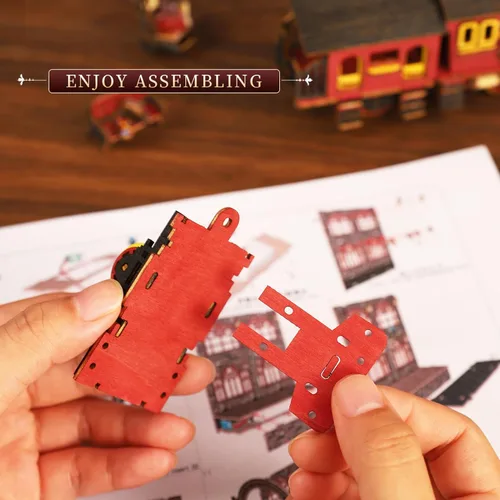 Miniatura 5 de Kit de rincón de libros, kit de bricolaje en miniatura de casa de muñecas con tren de vapor, rompecabezas de madera 3D para colgar libros con LED