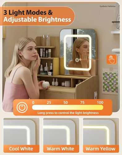 Miniatura 5 de Escritorio pequeño de maquillaje para niñas con espejo iluminado, tocador de 26.5 pulgadas de ancho con 2 cajones y toma de corriente, 3 modos