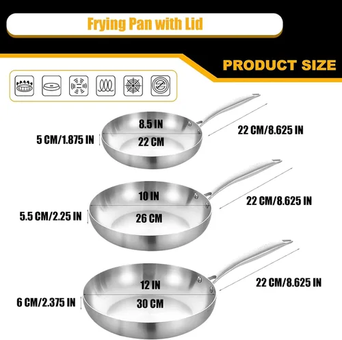 Miniatura 6 de LOLYKITCH Juego de sartenes de 8.5-10-12 pulgadas de acero inoxidable tricapa de 3 unidades, sarténes, juego de ollas para cocina de inducción, apto