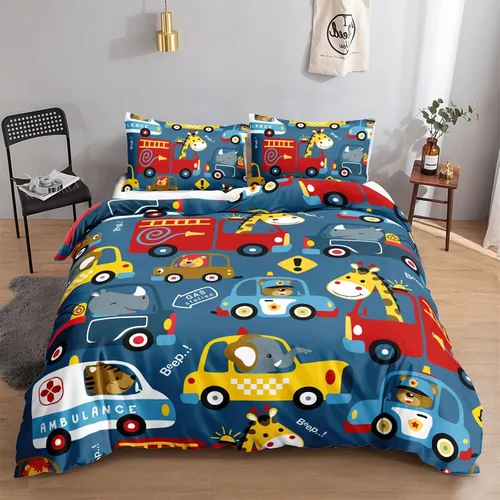 Miniatura 18 de Juego de funda de edredón para niños, camión de construcción, maquinaria, camión, excavadoras, vehículos, caricatura, tractor, juego de ropa de cama