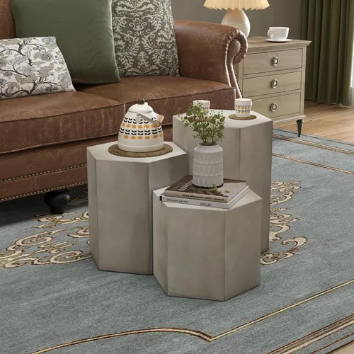 Miniatura 6 de COSIEST Mesa de Acento de Concreto, Mesa Lateral Hexagonal para Patio 14.5''Ancho x 12''Alto, Diseño Modular Mesa Terminal Interior Exterior, Gris