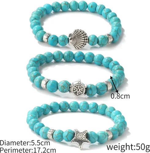 Miniatura 5 de 3 pulseras de turquesa con diseño de océano y cruz de conchas marinas, piedras de cristal curativas, pulseras de cuentas redondas elásticas