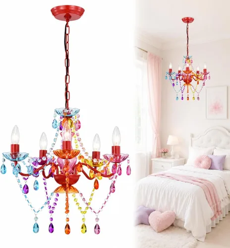 Candelabro de cristal pequeño colorido para dormitorio de niñas, lámpara de acrílico de 5 luces, lámpara de techo para habitación de niños para