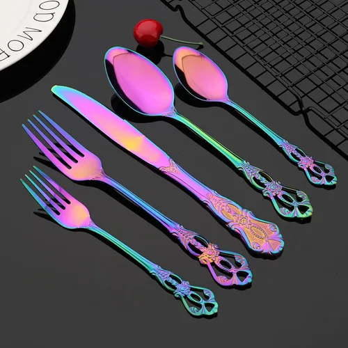 Miniatura 2 de JASHII Juego de cubiertos de acero inoxidable 304 con patrón de tallado hueco, 20 piezas de servicio para 4 vajillas arcoíris con cuchillos