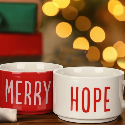 Miniatura 5 de Sliner Juego de 4 tazas de café grandes apilables de Navidad de 10 onzas con estante de porcelana, tazas de café de cerámica con soporte de metal