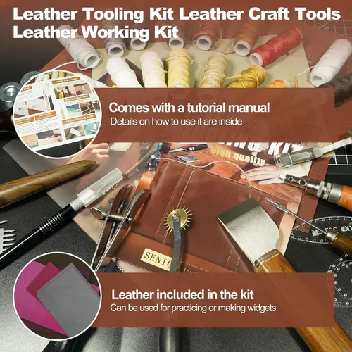 Miniatura 4 de FIOQE Kit de herramientas de cuero, herramientas de artesanía de cuero, 588 piezas, juego de bricolaje con bolso para bolsa, cinturón, cartera