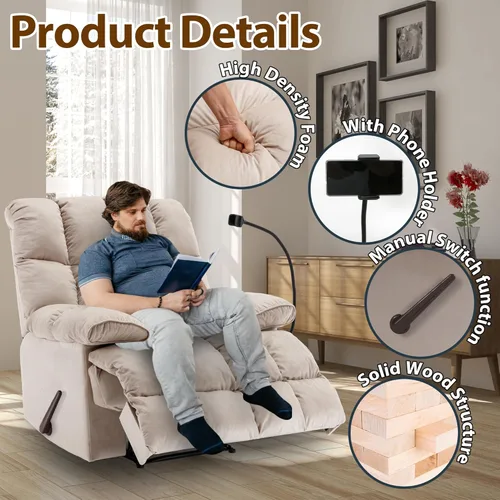 Miniatura 4 de Silla Reclinable Manual Ajustable de Tamaño Extra Grande con Soporte para Teléfono, Silla Reclinable Extra Grande para Adultos de Servicio Pesado