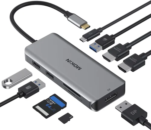 Estación de acoplamiento, adaptador USB C, adaptador multipuerto de pantalla triple 9 en 1 con 2 HDMI 4K, DisplayPort, 3 USB, 100 W PD, lector de