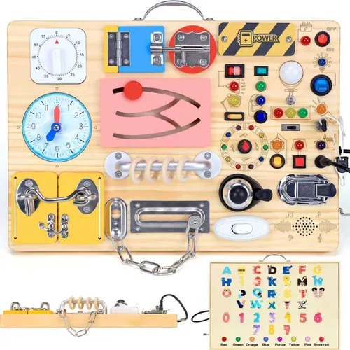 Miniatura 8 de Tablero de actividades con interruptores de luz LED, juguetes Montessori para niños de 1, 2, 3 años, tablero de actividades sensoriales de madera