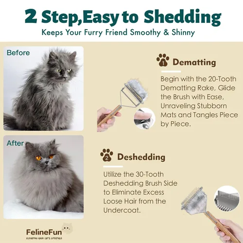 Miniatura 7 de FelineFun Cepillo para Gatos para Desenredar y Quitar Pelo Muerto, Rastrillo 2 en 1 para Subpelo, Elimina Eficazmente el Pelo Suelto y el Pelaje