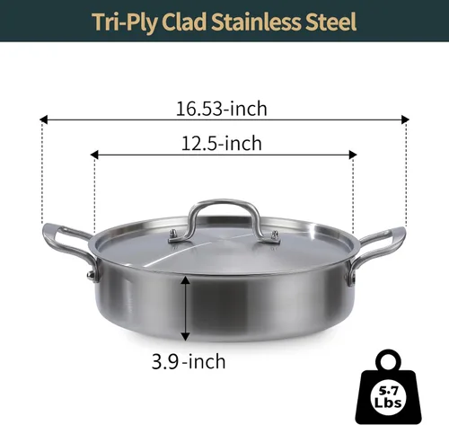 Miniatura 3 de Yeksum Sartén para Saltear, Sartén para Saltear de Acero Inoxidable de Tres Capas de 7 Cuartos, Sartén Profunda para Freír de 12 Pulgadas con Tapa