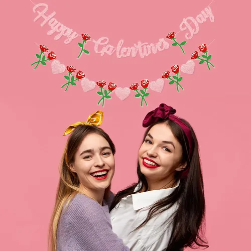 Miniatura 5 de Cartel de Feliz Día de Galentine – Decoración del Día de Galentine con purpurina rosa, pancarta de guirnalda de corazón rosa para damas, niñas