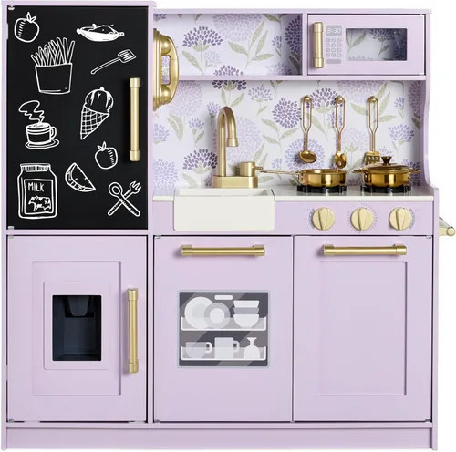 Miniatura 12 de Best Choice Products Juego de juguetes de madera para niños con diseño realista, teléfono, utensilios, horno, microondas, fregadero - negro