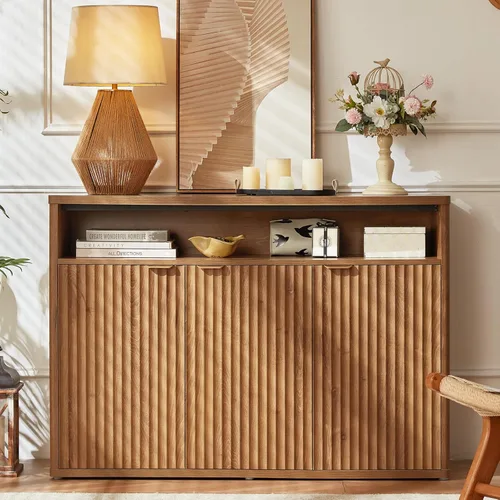 Miniatura 11 de LEYAOYAO Gabinete de buffet acanalado con almacenamiento, aparador de madera de 45 pulgadas de ancho con 3 puertas y estante de almacenamiento