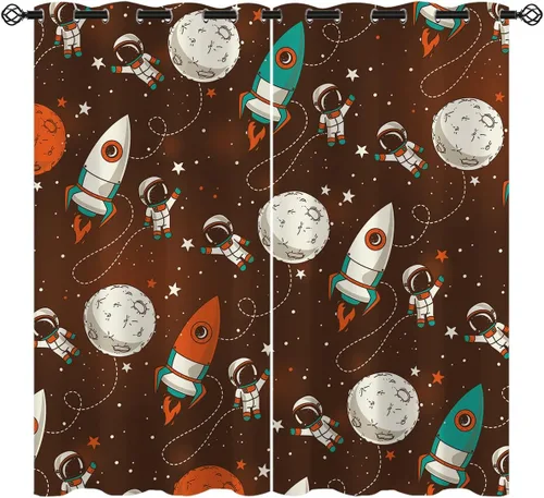 Miniatura 9 de Cortinas opacas con diseño de cohetes de dibujos animados para niñas y niños, decoración del hogar, aventura en el espacio, galaxia, planetas, azul