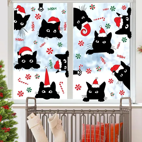 Miniatura 2 de Adhesivos de ventana de Navidad para ventana de Navidad, gato negro y menta, calcomanías de pared para decoración de ventanas de tienda de vidrio