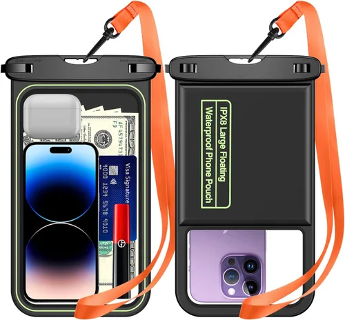 2 bolsas flotantes impermeables para teléfono, [hasta 10 pulgadas grandes] universal IPX8 impermeable bolsa seca para teléfono celular con cordón